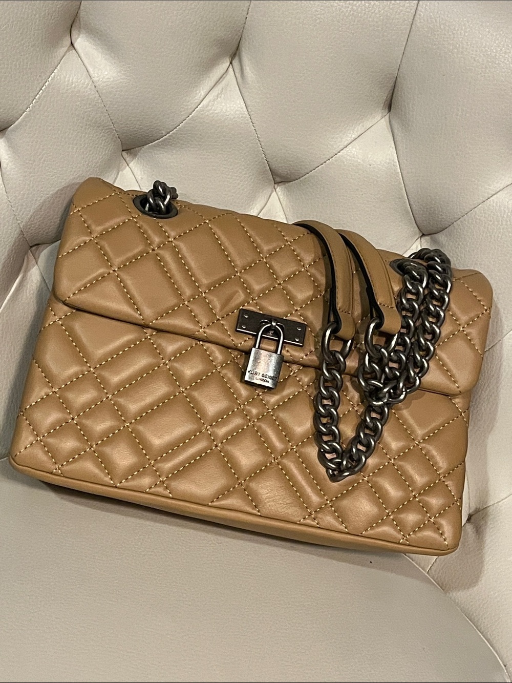 Kurt Geiger Quilted Tan Shoulder Bag Gunmetal Chain Eye Catching Quiet Luxury